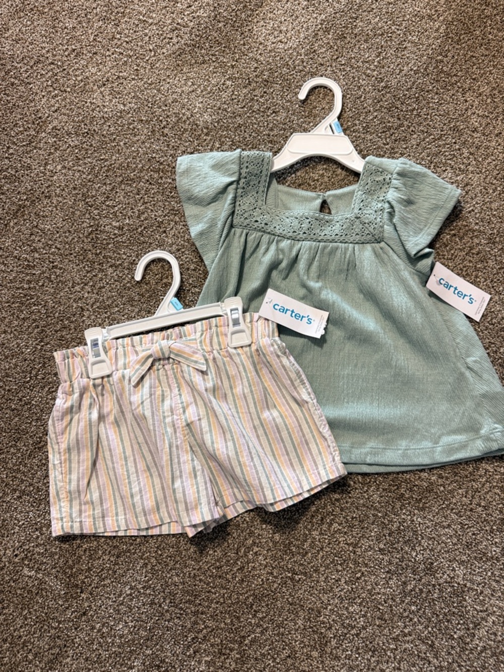Carter's Mint Green Eyelet Yoke Top with Pastel Striped Shorts